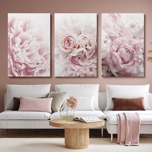 Vlolvfe Peony Flower Canvas Wall Art Pink Rose Poster Abstract Floral Painting Pink Botanical Wall Art Peony Picture Rose Floral Paintings for Living Room Wall Decor 16x24inx3 Wrapped Canvas - color: Pink Rose, size: 16x24inchx3pcs Framed