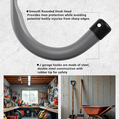 HOME MASTER HARDWARE 12 Pack 4-Inch Heavy Duty Garage Storage Wall Hooks, Steel J Utility Hooks for Hanging Ladders, Tools, Bikes, Grey
