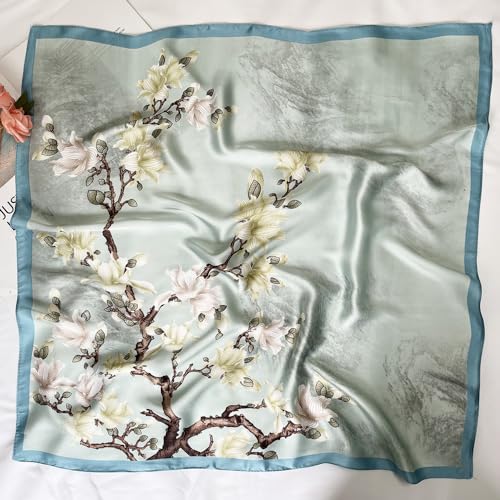 FONYVE Silk Feeling Scarf Medium Square Satin Head Scarf for Women 27.5 × 27.5 inches - color: 03 Green Floral