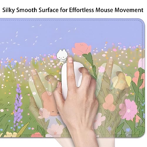 Flower Desk Pad Mouse Pad，Large Cartoon Cute Mouse Pads with Stitched Edges,Non-Slip Waterproof Rubber Base,Kawaii Nature Desk Mat for Desktop,Keyboard Pad for Office Home Work(27.5X11.8 in) - color: Bear and Flower