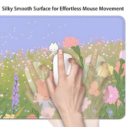Flower Desk Pad Mouse Pad，Large Cartoon Cute Mouse Pads with Stitched Edges,Non-Slip Waterproof Rubber Base,Kawaii Nature Desk Mat for Desktop,Keyboard Pad for Office Home Work(27.5X11.8 in) - color: Bear and Flower