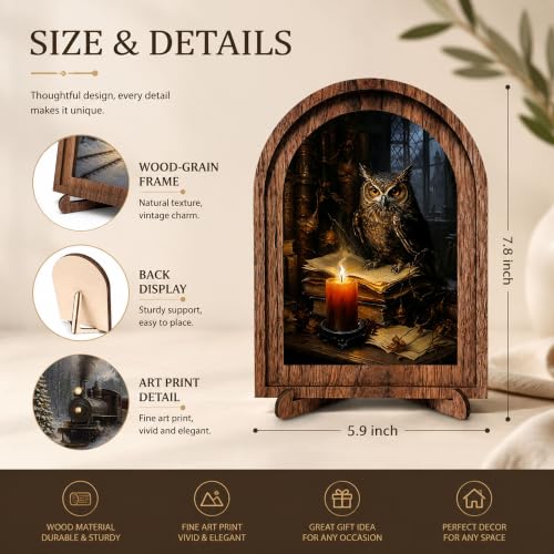 Owl Candle Arched Table Sign, Gothic Rustic Farmhouse Decor - color: Owl Candle Library