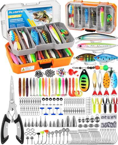 PLUSINNO Bass Fishing Lures Tackle Box Gear Kit with Tackle Included | Waterproof, Compact & Customizable, Bass Trout Fishing Gear Kit, Freshwater Topwater, 16 Rigs, Fishing Gifts for Men Starter - color: Orange 373 PCS Lures Box