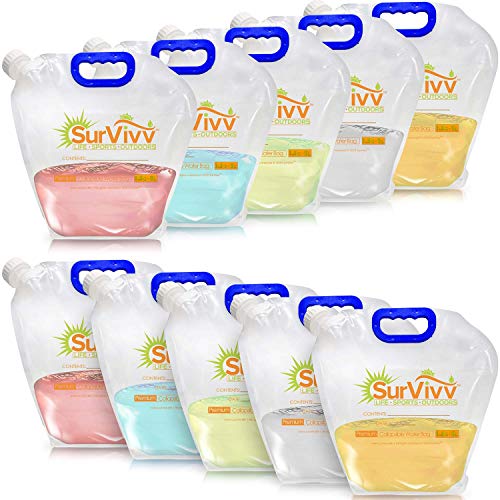 Premium Collapsible Water Container Bag, No-Leak, Freezable, Odorless, Flat Folding, BPA Free Food Grade Clear Plastic Storage tank for Sports Outdoors Camping (1.3 Gal 10Pk)