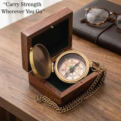 Compass – Brass Directional Vintage Compass Engraved with “Be Strong and Courageous” Joshua 1:9 Bible Verse, Baptism 2026 Communion Christian Inspirational Gifts for Women/Men - style: Be Strong 3- Wood Box