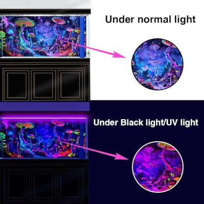 30X12IN Blacklight Mushroom Black Light Aquarium Background UV Reactive Background Starry Sky Terrarium Mushroom Theme Background with 10 EVA Double-Sided Tape - color: Violet bluish, size: 30X12in/75X30cm