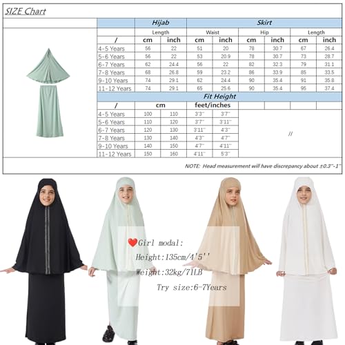 Lenmipot Kids Jilbab 2pcs Abaya Girls Muslim Prayer Dress Kids Eid Full Cover Abaya Dress Set Islamic Prayer Jilbab for Girl - color: Mint Greena, size: 7-8 Years