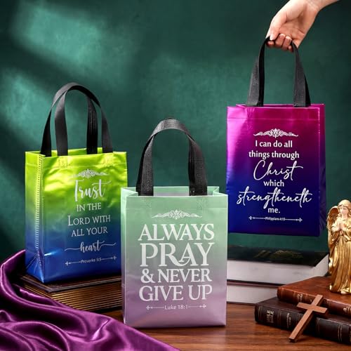 Aliceset 64 Pcs Christian Gift Bags Bulk with Handles for Church Favors Reusable Medium Bible Verse Religious Gift Bags Non Woven Welcome Totes for Baptism Vacation Bible School Gifts (Gradient) - color: Gradient