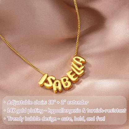 Ldurian Personalized Bubble Name Necklace, Tiny Name Plate Pendant Necklace, 14K Gold Plated Charm Cute Pre-made Jewelry for Women - size: 17 Alexia