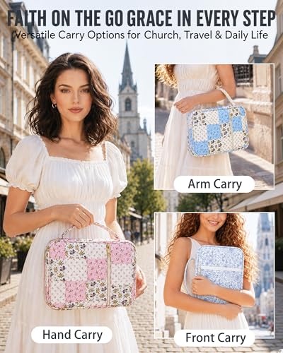Bible Cover Case for Women Large Bible Bag, Quilted Bible Carrying Case with Handle Church Book Holder Bible Study Supplies Accessories Christian Gifts for Women (Spliced Flower Blue)