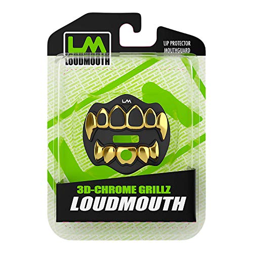 Loudmouth Football Mouth Guard - 3D Chrome Grillz Football Mouthpiece, Fits Adult & Youth, Mouth Guard Accessories (3D Grillz - Chrome Black/Gold) - color: 3d Grillz - Chrome Black/Gold