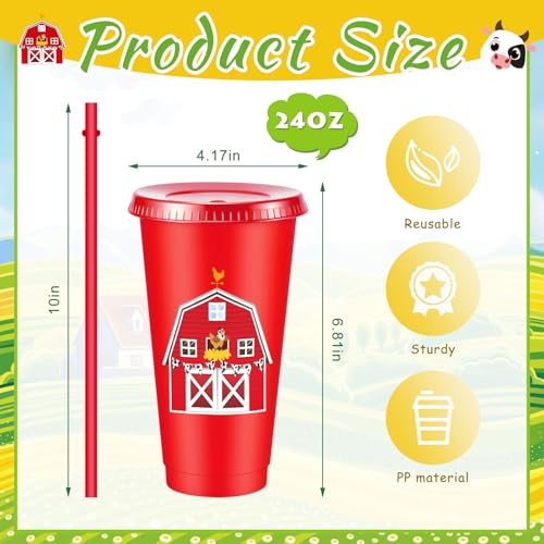 Chuangdi 12 Pcs Farm Animal Plastic Cups with Lid and Straw 24 oz Farm Animal Birthday Decorations Reusable Tumbler Cute Pig Sheep Chicken Horse Cow Cups Gift for Barnyard Party Supplies - style: Farm Animal
