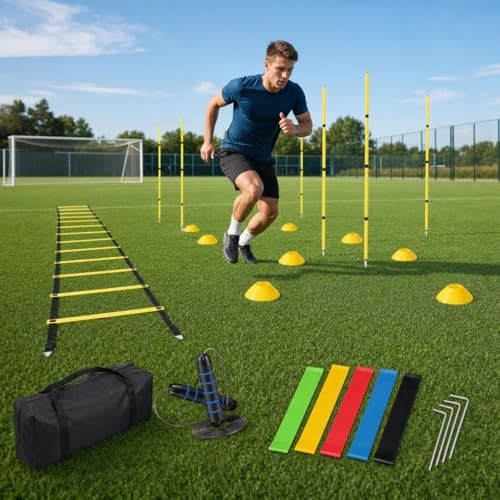 Exercise Sets for Women, 6-Piece Agility Ladder & 10 Cones, 5 Resistance Bands, Speed Rope, Ground Stakes, Carry