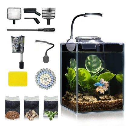 Desktop Small Aquarium Set Glass Fish Tank 1.25 Gallon, with Water Pump Filter Bright LED Light Gravel Cleaning Tool, Starter Kit Small Space Easy Setup Space-Saving Design Betta Shrimp - size: 1 gallon