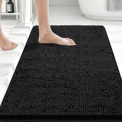 Bcoimo Bath Rug Mat,30x20 Chenille Non Slip Black Bathroom Floor Shower Mat - color: Black, size: 30x20