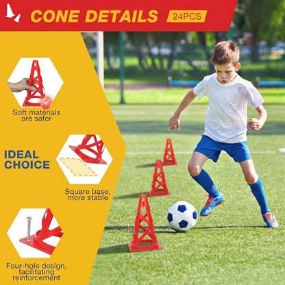 24 Pack Soccer Cones, 9 Inch Agility Cones for Soccer, Football, Basketball, Cones for Sports Training, Speed & Agility Drills, Field Marking Equipment - color: red