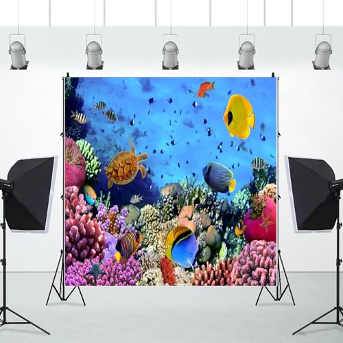 AOFOTO 10x10ft Underwater Ocean Coral Reef Backdrop Under The Sea Tropical Fish Sea Turtle Marine Life Photography Background Seabed World Nature Scene Aquarium Decor Kids Portrait Photo Shoot Props - size: 10x10ft
