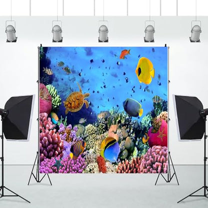 AOFOTO 10x10ft Underwater Ocean Coral Reef Backdrop Under The Sea Tropical Fish Sea Turtle Marine Life Photography Background Seabed World Nature Scene Aquarium Decor Kids Portrait Photo Shoot Props - size: 10x10ft