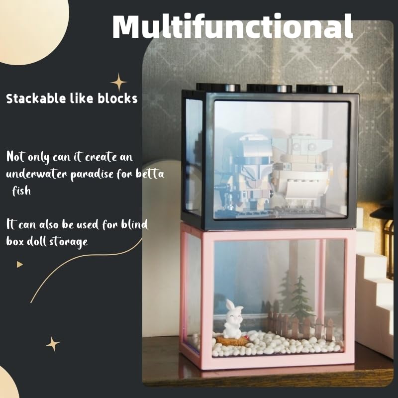 Small Betta Fish Tank, Stackable Mini Aquarium Tank Kit with Aquarium Gravel & Forest Micro Landscape, 0.6 Gallon Acrylic Cube Fish Bowl for Sea Monkeys Shrimp Snails (Black) - color: Black