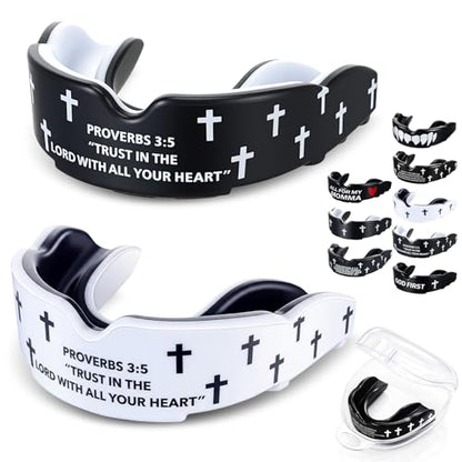 Yaomiao 2 Pcs Mouth Guards Christian Teeth Guards Sport Game Guard & Case Religious MouthGuard Soccer Football Basketball Baseball Wrestling Lacrosse Rugby Boxing Taekwondo - size: Adult, style: White & Black Faith