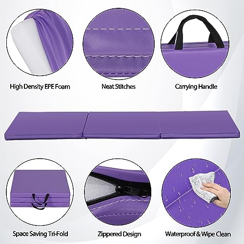 ZenStyle 6' x 2' x 2" PU Leather Exercise Tri-Fold Gym Fitness Mat For Gymnastics, Aerobics, Yoga, Martial Arts - color: Purple