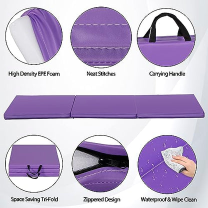 ZenStyle 6' x 2' x 2" PU Leather Exercise Tri-Fold Gym Fitness Mat For Gymnastics, Aerobics, Yoga, Martial Arts - color: Purple