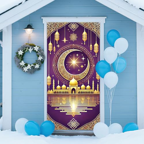 IVN Ramadan Mubarak Purple Crescent Door Cover 71 x 35 Inches Purple and Gold Front Door Banner Islamic Mosque Lantern Holiday Backdrop Indoor And Outdoor Religious Holiday Decor - color: Ramadan Mubarak Purple Mosque