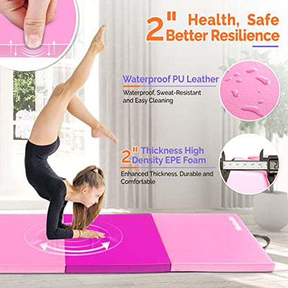 Matladin 8' Folding Gymnastics Gym Exercise Aerobics Mat, 8ft x 2ft x 2in PU Leather Tumbling Mats with Hook & Loop Fastener for Stretching Yoga Cheerleading Martial Arts - color: Purple&Pink