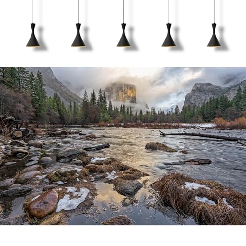 Sunset Winter Mountain Valley Aquarium Background Stormy Clouds Misty Foggy Mountains Fish Tank Background Rocks Pine Trees Wintry Stream River Reptile Tank Enclosure Backgrounds Wallpaper 24x12in - color: Foggy Grey, size: 24(W)x12(H)inches/ 60(W)*30cm(H