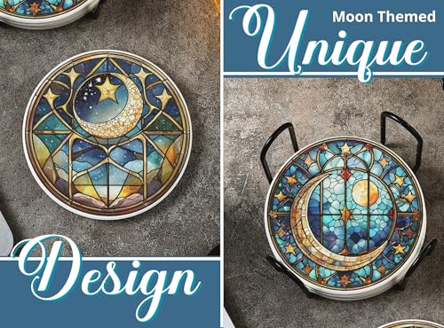 Moon Coaster, Ceramic, Set of 6, with Gift Box, Absorbent with Cork Base, Stain Glass Stlye Gifts for Moon Lovers, Home Decor for Housewarming, Thanksgiving, Birthday, Christmas