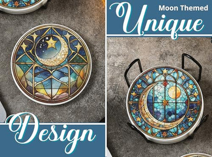 Moon Coaster, Ceramic, Set of 6, with Gift Box, Absorbent with Cork Base, Stain Glass Stlye Gifts for Moon Lovers, Home Decor for Housewarming, Thanksgiving, Birthday, Christmas