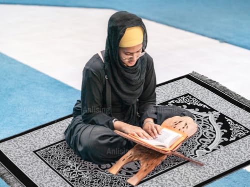 Anlising Muslim Prayer Rug and Beads with Elegant Box, Islamic Prayer Mat, Muslim Prayer Rug, Ramadan Prayer Blanket, for Muslim, Islamic, Ramadan, Eid al Fitr, Prayer (Black,70x110CM)