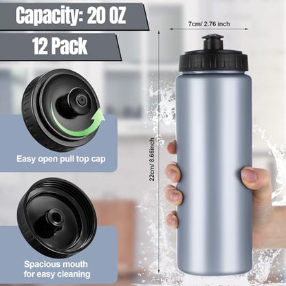 LemonRoad 12 Pack Squeeze Water Bottles Reusable 20 oz Plastic Sports Water Bottle with Pull Top Lid, Bike Cycling Gym Sport, Dishwasher Safe (Grey) - color: Grey