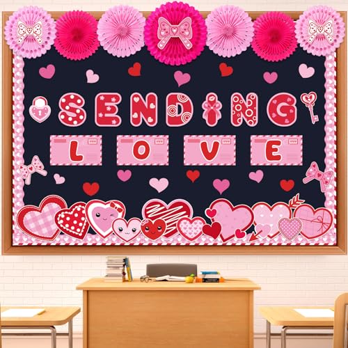 Gilprop Valentine's Day Bulletin Board Set Sending Love Classroom Decorations Pink and Red Mail Romantic Heart Cutouts with Paper Fans for Door Wall Decor Holiday Wedding Birthday Party Display - style: Love