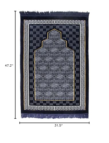 Modefa Turkish Islamic Velvet Prayer Rug - Thick Wide Soft Praying Carpet for Men & Women - Double Plush Large - Eid & Ramadan Gift with Kufi Beads & Car Hanger - Geometric Noor (Dark Blue) - color: Dark Blue