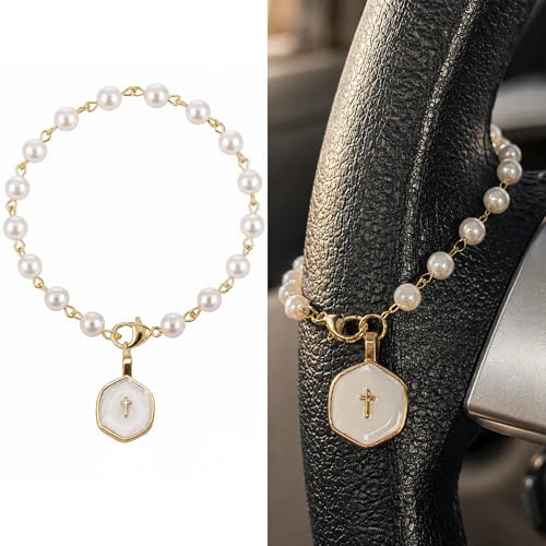 Steering Wheel Charm, Adjustable Car Rosary for Rearview Mirror, Pearl Chain with Cross Pendant Steering Wheel Rosary Protection Charm Decor, White