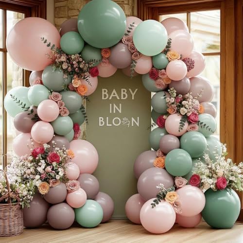 Pink Green Balloon Arch with Artificial Flowers Double Stuffed Dusty Light Pink Sage Green Balloon Garland Kit Eucalyptus Leaves for Baby in Bloom Birthday Bridal Shower Wildflower Party Decorations - color: Dusty Green Pink Flower