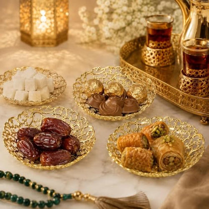 LOGOFUN 12pcs Ramadan Tray Eid Mubarak Snack Serving Plate Gold | Reusable; Elegant; For Festival Party Storage Candy, Dessert and Desktop Decoration