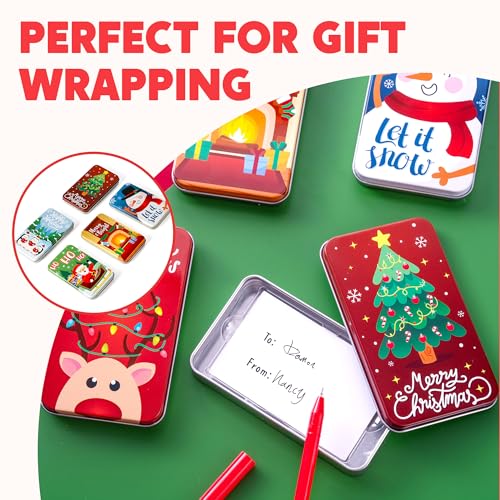 JOYIN 6PCS Gift Card Holder Boxes Christmas, 4.33” x 2.6” x 0.6” Tins Money Cash Holders Unique for Xmas Holiday Birthday Present Decor, Party Favors Silver Coin Boxes with Lids in 6 Designs