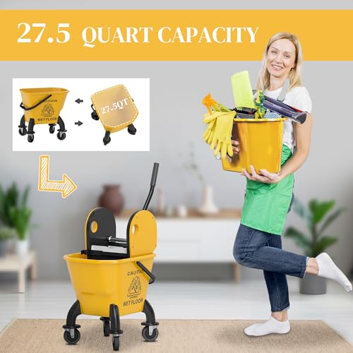 HOMCOM Mop Bucket with Wringer on Wheels, 27.5 Quart, with Mop, Yellow | Down Press Wringer, Handle and Mop, Floor Cleaning - color: Yellow, size: 27.5 Quart