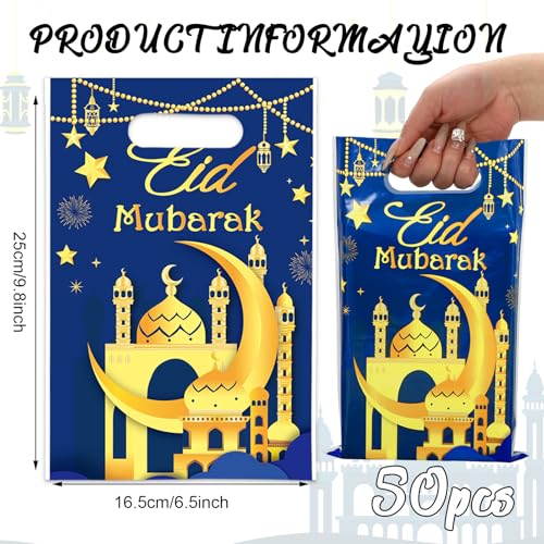 Whaline 50 Pcs Eid Mubarak Party Favor Bags Ramadan Treat Bags with Handles Blue Gold Plastic Candy Goodie Bags for Islamic Muslim Party Favors Supplies