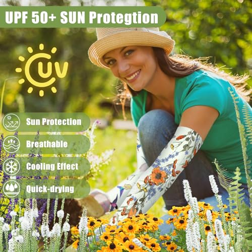Bebila Gardening Sleeves for Women Farm UV Sun Protection Anti-Scratch Cooling Sleeves with Thumb Hole Arms Cover Outdoors - color: Light Green Bird