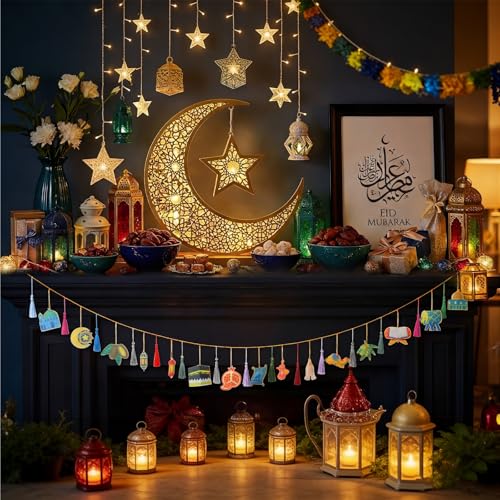 Batiyeer 32 Pcs Eid Mubarak Decorations 3D Felt Ramadan Banner Set with Lantern Moon Palace for Islam Muslim Celebration Lesser Bairam Party Hanging Decor
