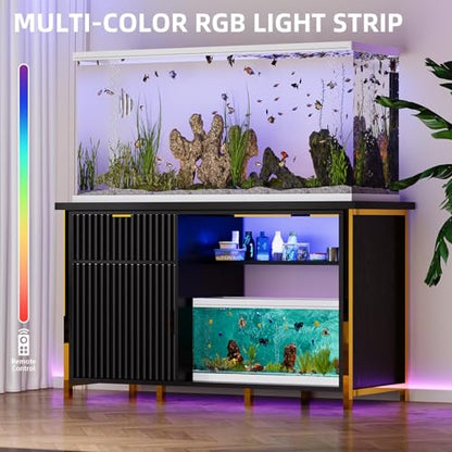 55-75 Gallon Fish Tank Stand with Power Outlets, LED Light, Vertical Lines, Heavy Duty Aquarium Stand with Cabinet for Fish Tank Accessories Storage, Turtle Tank, Reptile Terrarium (Black and Gold) - color: Black and Gold