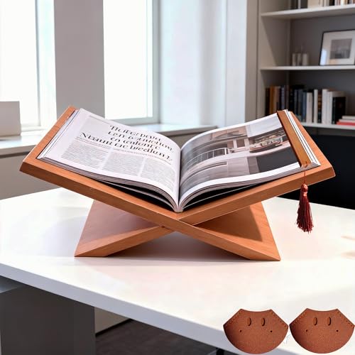 Solid Wood Book Stands with Bookmarks - Cross Frame Walnut Wooden Book Holder, Open Bookstand for Display and Reading, Suitable for Art, Bible, Cookbook, Easel, Magazine, Textbooks (Walnut)