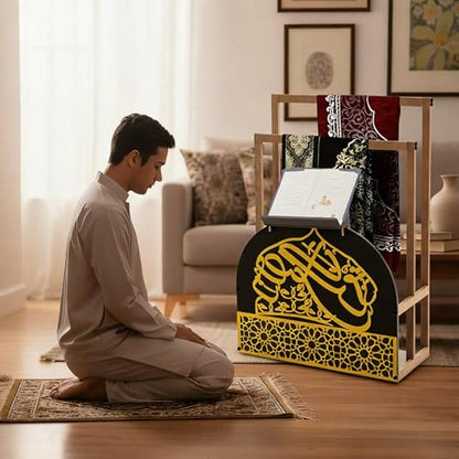 Chunful Gold Wooden Quran and Prayer Mat Stand, 35.4 x 26 x 11.8inch, Ideal Gift for Eid Ramadan and Muslim Home Decor, Islamic Prayer Rug Holder with Arabic Calligraphy for Home Mosque