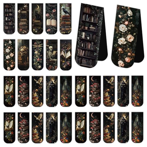 30PCS Dark Academia Magnetic Bookmarks Set, Aesthetic Gothic Skull Cat Rose Owl Book Mark Clips, Vintage Witchy Dark Romance Accessories for Women Men Students Book Lovers, 0.7×2.6in - style: Dark Academia 02