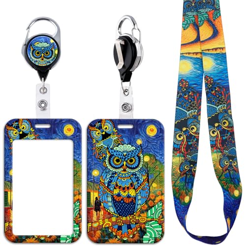 Cool Lanyard with Retractable Reel, Plastic Lanyards Card Holder with Name Tag Clip, Art Owl Lanyard with Keychain for Women Teacher Student - style: Owl