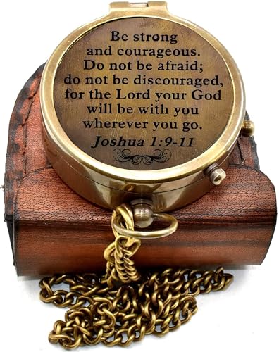“Be Strong and Courageous” Joshua 1:9' Vintage Brass Compass with Leather Case | Timeless Pocket Compass for Men and Women | Outdoor Travel and Inspirational Quote | Religious Gift | Baptism Gift
