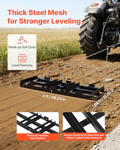 VEVOR Drag Harrow, 48 x 20 in, Tow-Behind Driveway Grader with Adjustable Width & 50lbs Load Capacity, Heavy Duty Lawn Leveling Rake, Galvanized Steel Gravel Driveway Drag, Fits ATVs UTVs Tractors - size: 4 FT- Black